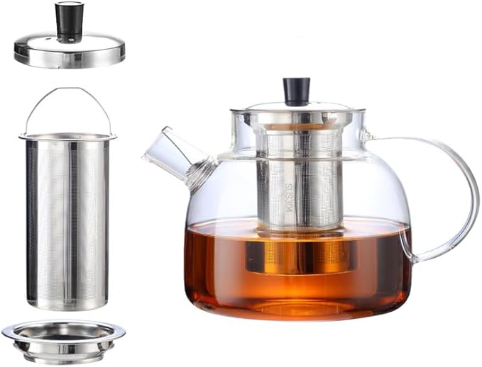1400ml/47oz Durable Glass Teapot with Infusers for Loose Tea, Heat Resistant Stovetop Safe Tea Pot Maded of Thick Borosilicate Glass, Multifunctional for Loose Tea Bag