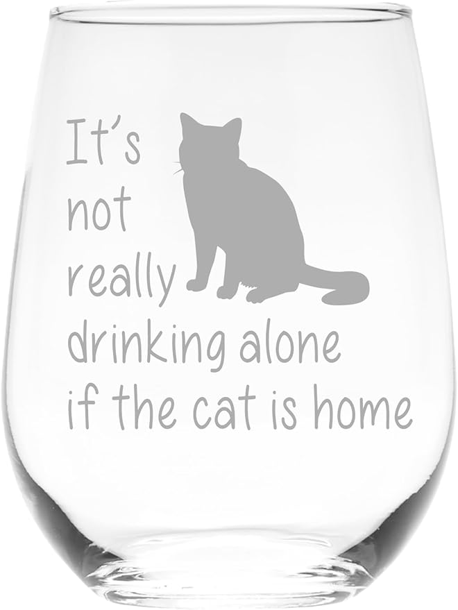C M The Cat is Home Funny Stemless Wine Glass - Cat Themed Gift for Women and Men - 17 oz (Style C1)
