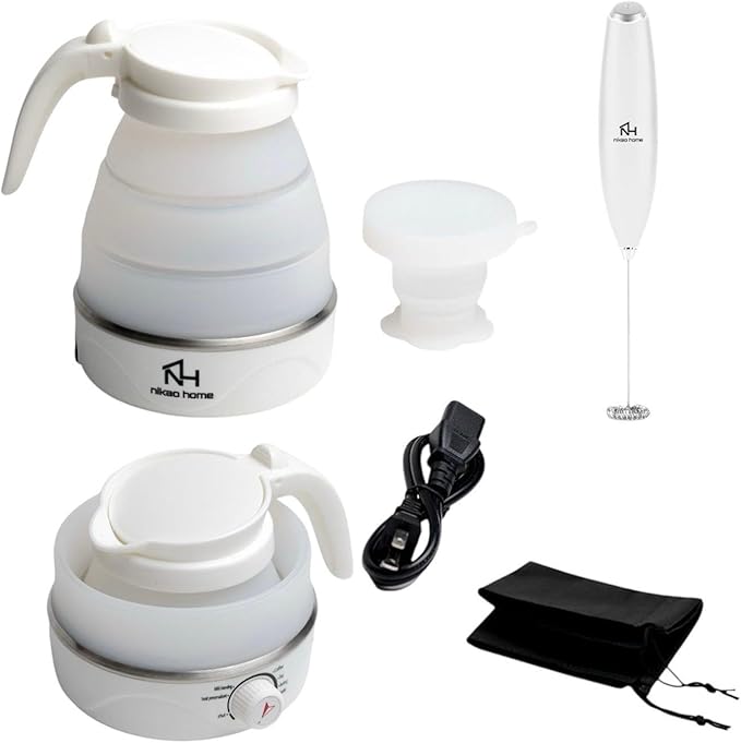 Nikao Home Foldable Electric Kettle With Milk Frother and Foldable Cup –Travel Kettle, Portable Tea Kettle for Travel, Mini Collapsible Water Warmer, Compact Design for Easy Storage and Quick Heating.