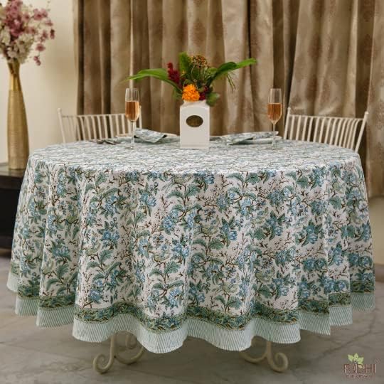 Ridhi Block Print Round Sage and Russian Green Reusable Tablecloth 100% Cotton 110" Inch Decorative Table Cover eveyday Dining, Home, Party, Wedding, Farmhouse Gift for Spring, Easter, Valentine