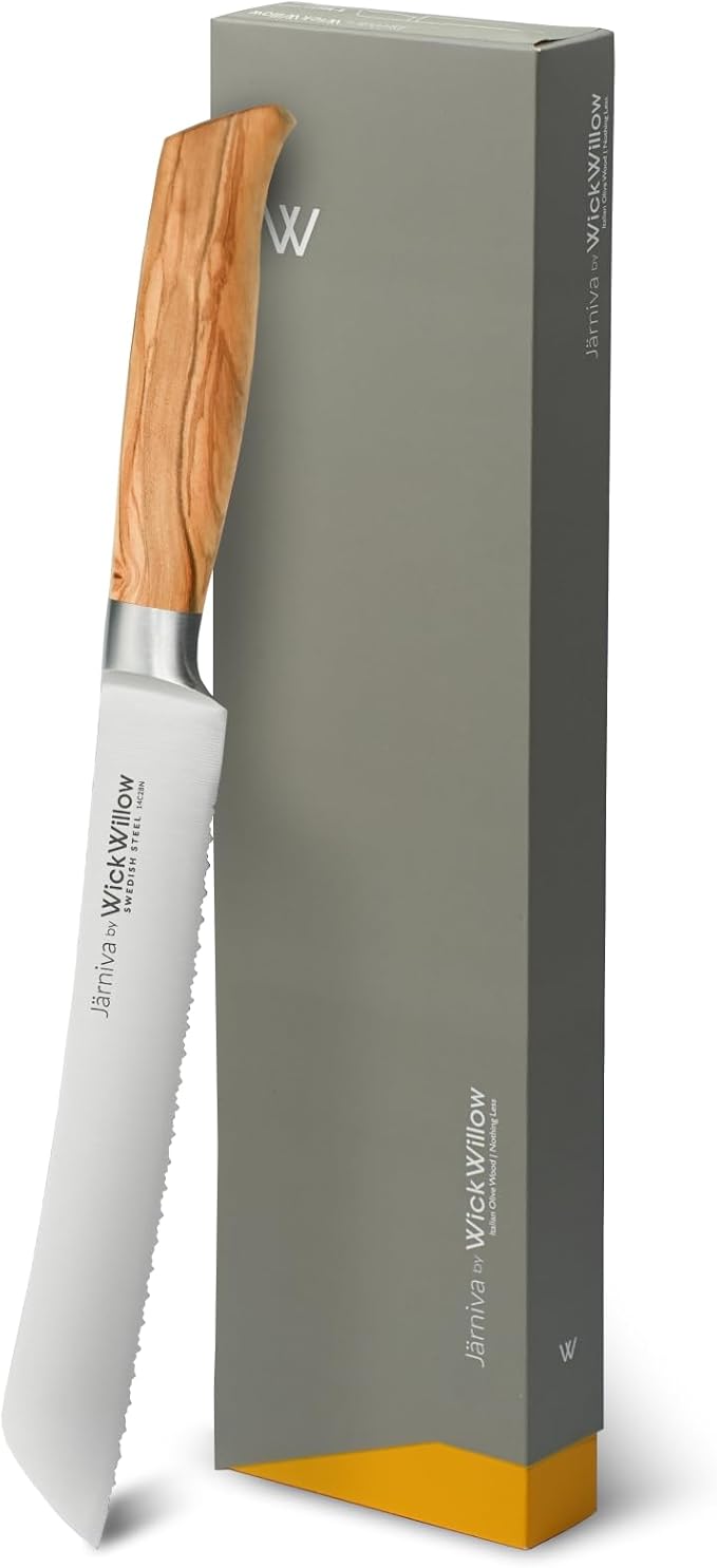 8 Inch Bread Knife – Double Serrated Swedish Steel Sourdough Knife with Italian Olive Wood Handle – Premium Serrated Knife for Homemade Bread, Pastries & Gifts for Home Bakers
