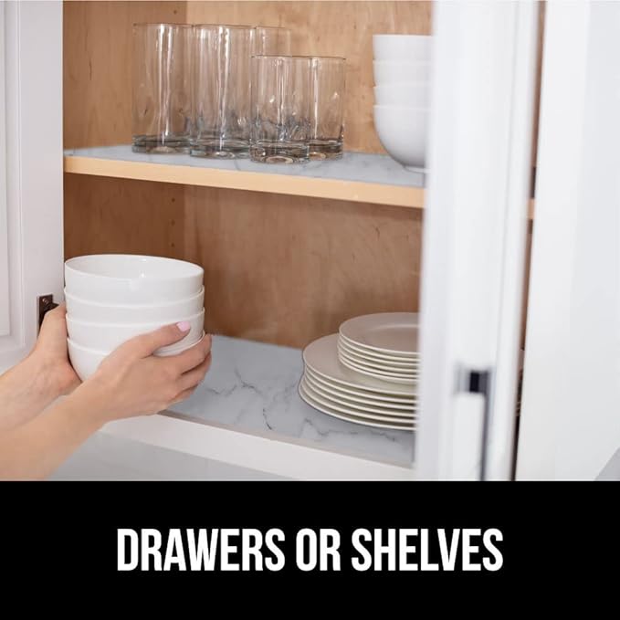 GORILLA GRIP DripGuard Shelf Liner, Non Adhesive Drawer and Kitchen Cabinet Protector, Slip Resistant BPA Free Smooth Surface Plastic Liners for Cabinets, Bathrooms, Closets, 12x240 Inch, Marble