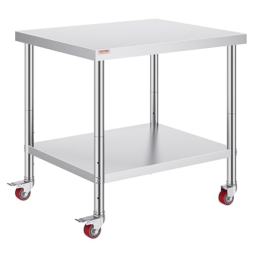 Vevor 30x36x34 Inch Stainless Steel Work Table 3-Stage Adjustable Shelf with 4 Wheels Heavy Duty Commercial Food Prep Worktable with Brake for Kitchen Prep Work