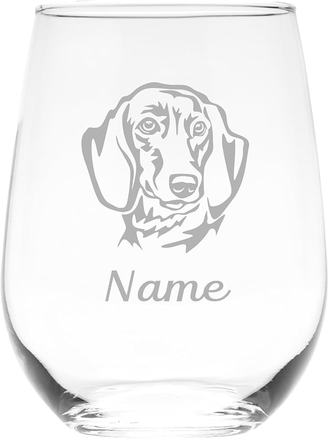 C M Dachshund Dog 17 oz. Custom Stemless Wine Glass with Name - Personalized Dog Gift for Women and Men