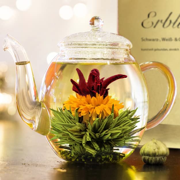 Creano Tea Flowers Mix Golden Gift Set Blooming Tea with Glass Teapot White, Green & Black Tea in 6 Varieties Tea Flower Blooming Tea Gift for Women