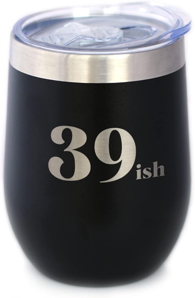 Bevvee 39ish - Funny 40th Birthday Wine Tumbler Glass with Sliding Lid - Stainless Steel Insulated Mug - Bday Party Decorations for Women Turning 40 - Black