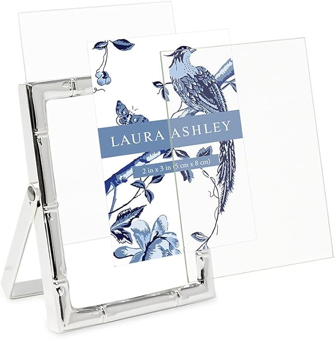 Laura Ashley 2x3 Silver Bamboo Metal Picture Frame (Vertical) with Pull-Out Easel Stand, Made for Tabletop, Counterspace, Shelf and Desk (2x3, Silver)