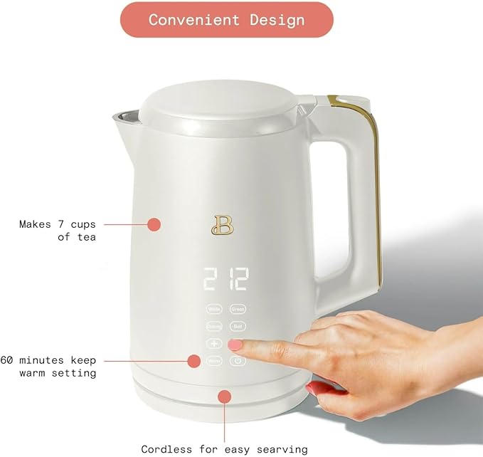 Beautiful 1.7L Electric Kettle, Programmable Temperature, Touch Display, 1500W, Fast Boil, Keep Warm, 4 Presets for Tea & Coffee, Stainless Steel, Auto Shut-Off (White Icing)