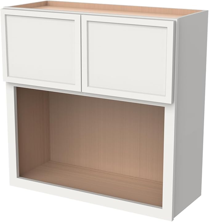 Solid Wood RTA Wall Microwave Cabinet with Open Shelves – Shaker Style, Space-Saving Kitchen Pantry Storage, Durable and Versatile Wall-Mounted Organizer (NT-Origami White, 30" W x 24" D x 36" H)