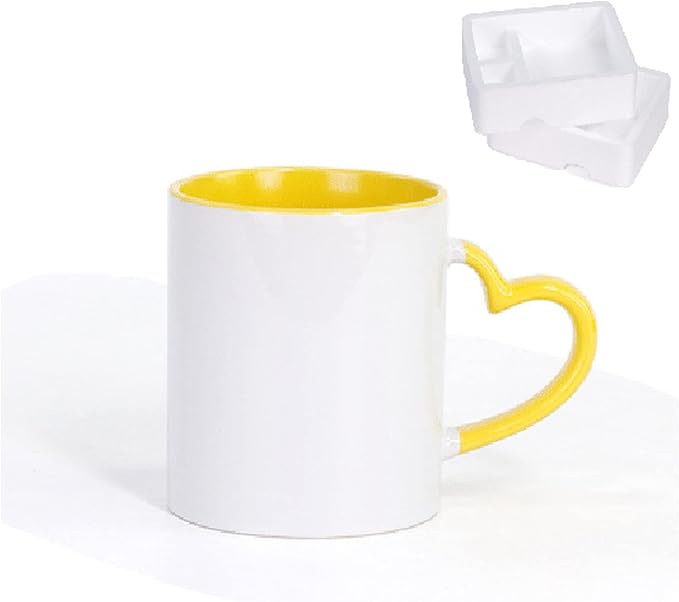 Ceramic Mug DIY Photo Heart Shape Handle Color Inside and Color Hand Cup Customized Pictures Logo Name Text Creative Cut Gifts(Yellow-1)