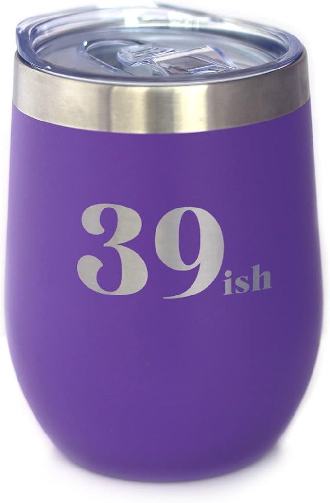 Bevvee 39ish - Funny 40th Birthday Wine Tumbler Glass with Sliding Lid - Stainless Steel Insulated Mug - Bday Party Decorations for Women Turning 40 - Purple