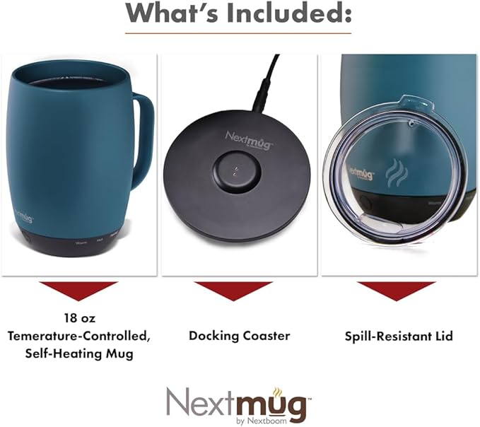 Nextmug Plus (Slate Blue - 18 oz.) Temperature-Controlled, Self-Heating Mug – No App, Long-Lasting Battery for Work & Study, Great Gift for Coffee Lovers