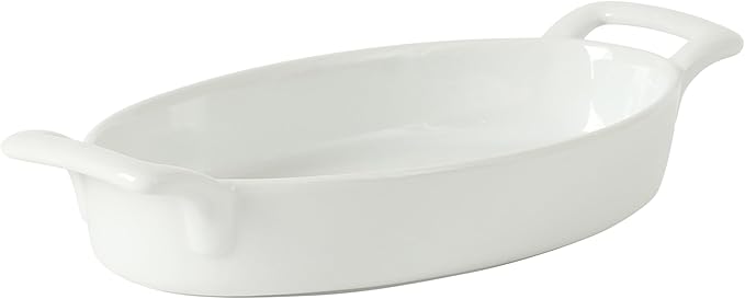 Gibson Home Gracious Dining Oval Au Gratin Baking Dishes, 4-Piece Set – 15 oz Oven Safe Ceramic Small Casserole Dishes with Handles, Microwave & Dishwasher Safe Mini Bakeware, White