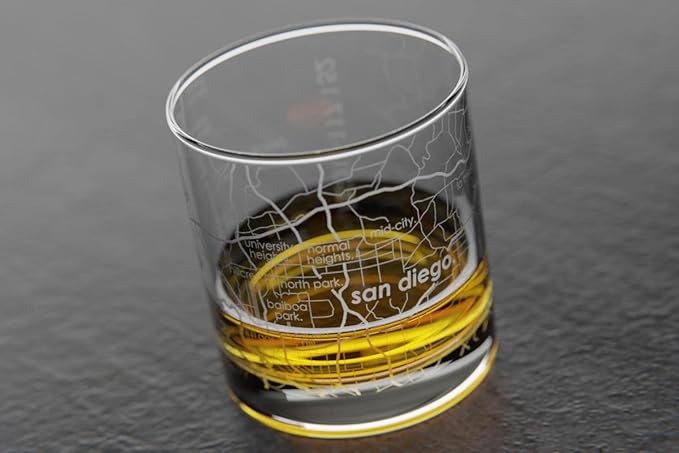 Well Told Engraved San Diego California Map Rocks Glass, Old Fashioned Whiskey Glass (11 oz, Clear) Etched Whiskey Glass, Gifts For Whiskey Lovers
