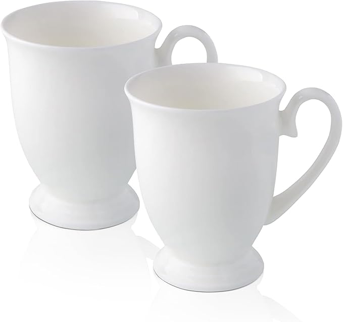 Luxury Fine Bone China White Coffee Mugs Set of 2 (8 oz), Ceramic Euro Style Tea Cups, Elegant Durable Coffee Cups Set for Gifts, Women, Men, Mom, Dad, Wedding
