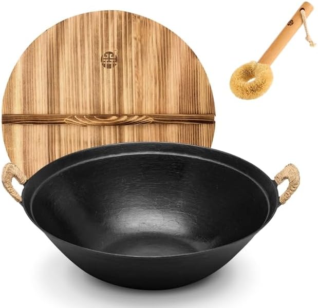 WANGYUANJI 14.2" Cast Iron Wok with Lid, Dual Handles - Flat Bottom Chinese Stir Fry Pan for Induction & Gas Stoves - Traditional Handcrafted Turtle Shell Texture, Uncoated & Non-Toxic