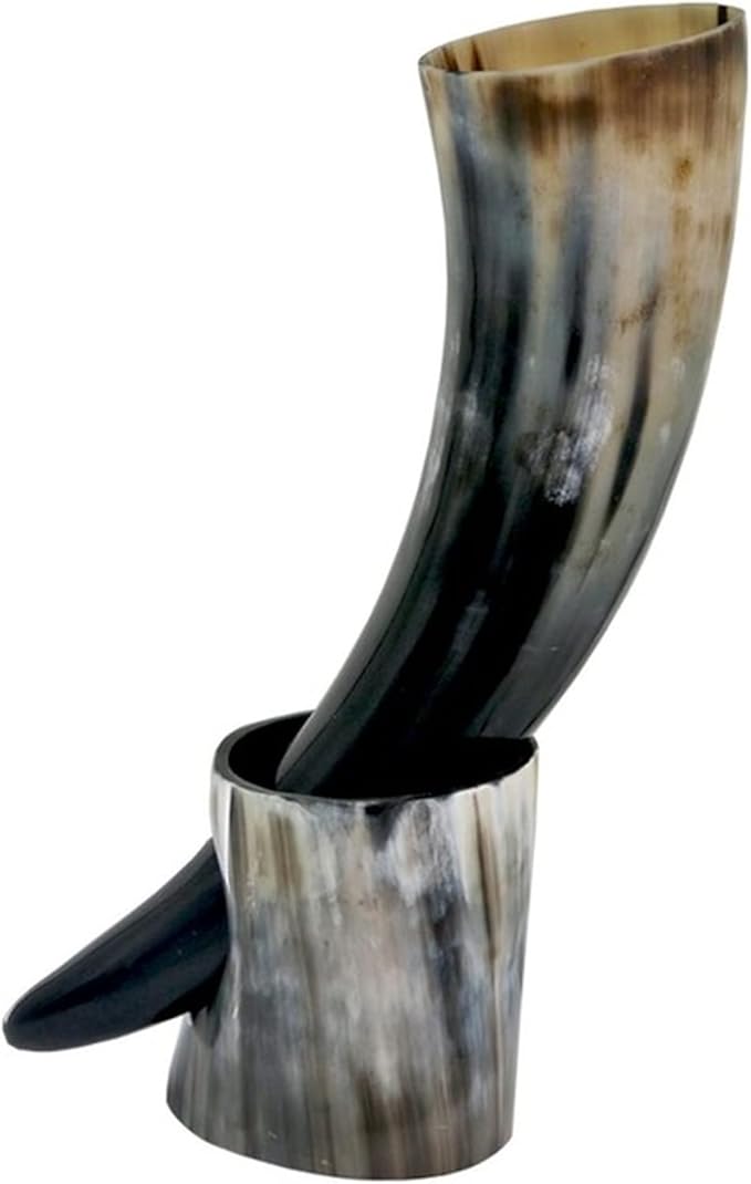 Real Drinking Horn Mug with Stand Cups Ale Beer Wine Goblet Chalice Tankard Beaker Vessels(Withhornstand,400ml-450ml)