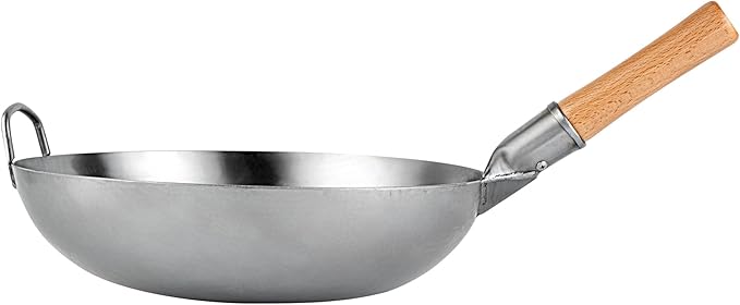 Motomori 14 Inch Hand-Hammered Carbon Steel Wok, 10 Traditional Japanese Wok - Flat Bottom, Wooden Handle, Black Carbon Steel Traditional Stir Fry Pan, With Helper Handle - Restaurantware