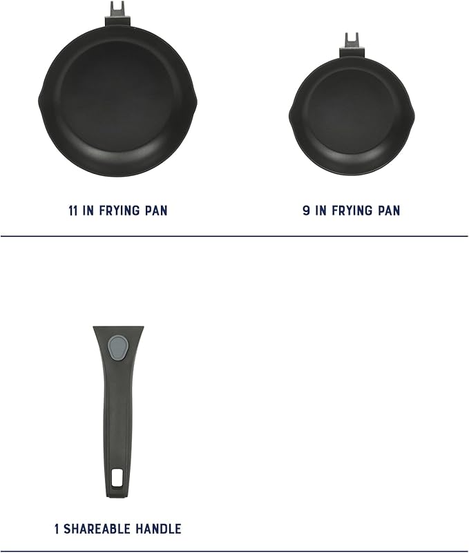 Oster SmartHandle 2-Piece Fry Pan Set, 11-Inch & 9-Inch Nonstick Skillets with Removable Handle – Oven & Dishwasher Safe, Space-Saving Cookware