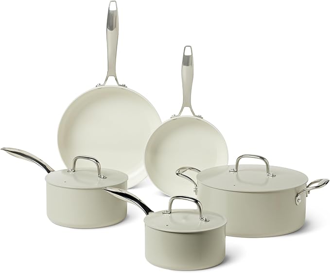 Amazon Basics Ceramic Nonstick Cookware, 8-Piece Set of Pots and Pans, Dishwasher and Oven-Safe, All Cooktop Friendly, Linen Gray