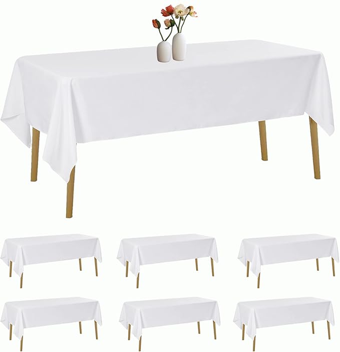 6 Pack Rectangle Tablecloth 60 x 120 Inches White Table Cloth Stain and Wrinkle Resistant Washable Polyester Fabric Table Cover for Party, Wedding and Banquet Decoration