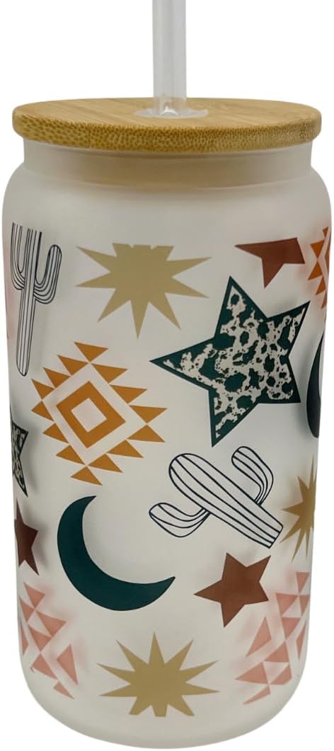 16oz Frosted Glass With Bamboo Lid and Plastic Straw - Western (Western #2, 16oz)