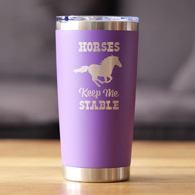 Bevvee Horses Keep Me Stable - Insulated Coffee Tumbler Cup with Sliding Lid - Stainless Steel Insulated Mug - Horse Themed Coffee Gifts - Purple