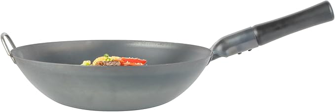 Restaurantware-Motomori 14 Inch Pre-Seasoned Carbon Steel Wok, 1 Traditional Japanese Wok - Flat Bottom, Wooden Handle, Black Carbon Steel Traditional Stir Fry Pan, With Helper Handle
