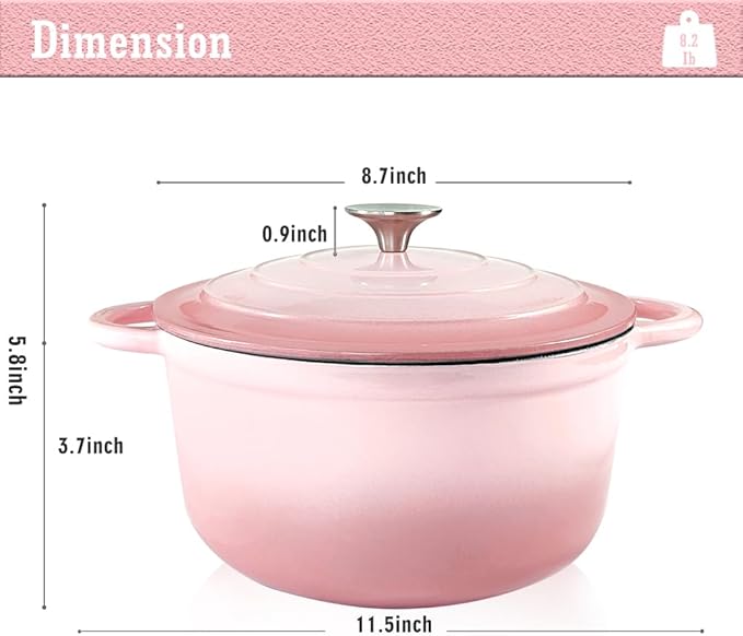 3 Quart Cast Iron Dutch Oven Pot with Lid, Dual Handles Enameled Soup Pot, Heavy Duty and Oven Safe for Bread Baking, Braising, Cooking and Family Gifts, Pink