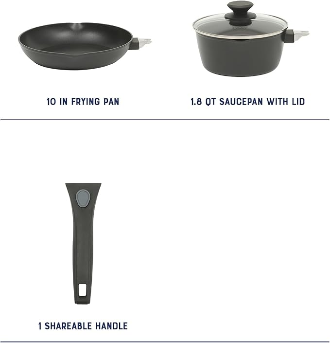 Oster SmartHandle 2-Qt Nonstick Saucepan & 10-Inch Fry Pan with Removable Handle Cookware Set – Oven & Dishwasher Safe, Space-Saving Cookware