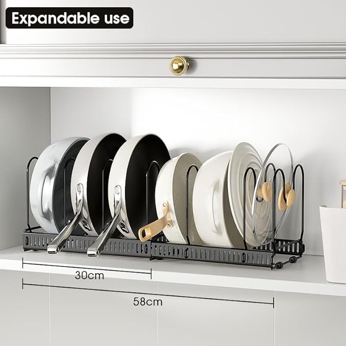 Expandable Pots and Pans Organizer Rack, Pot Lid Kitchen Cabinet Organizer Holder with 10 Adjustable Compartment, Cookware Rack for Kitchen Cabinet Storage, Black