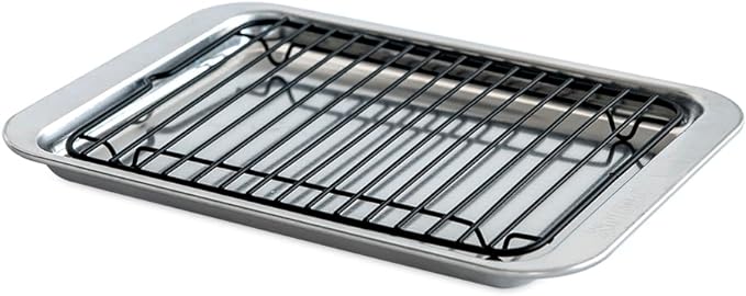 Nordic Ware Naturals 2 Piece Compact Pan Set, Toaster Oven, Counter Ovens, Air Fryer and Broiler Safe, Personal Size for 1-2 Portions - Includes Compact Baking Sheet with Broiling Rack