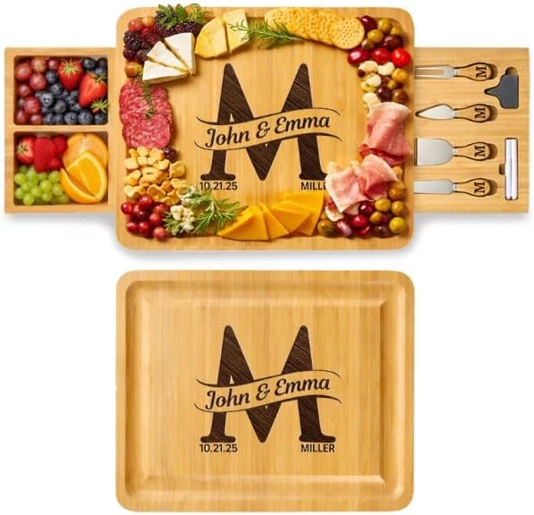 Personalized Charcuterie Boards Gift Set - Custom Engraved Bamboo Cheese Board with Drawer & Knife Set for Wedding, Anniversary & Housewarming Gift for Couples