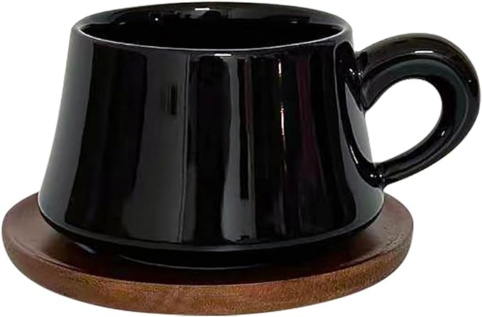 Black Cappuccino Mug and Wood Saucer - 7 oz Ceramic Coffee Cup with Saucer | Microwave Dishwasher Safe | For Tea, Espresso, Latte | Porcelain Cup Set for Kitchen Cafe | Great Gift