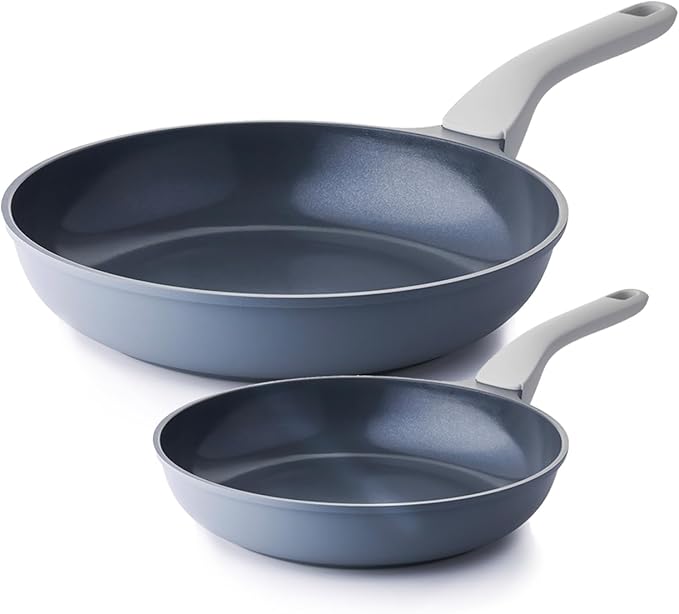PRICUSIS Nonstick Ceramic Frying Pan Skillet, 8+10 Inch Induction Compatible with Stay Cool Handle, Healthy PTFE PFAS & PFOA Free Omelet Pan, Dishwasher Safe (Blueberry Gray)