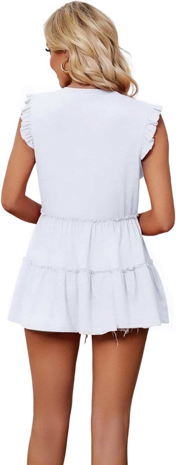 Womens Babydoll Tank Tops V Neck Ruffle Sleeve Pleated Peplum Shirts Summer