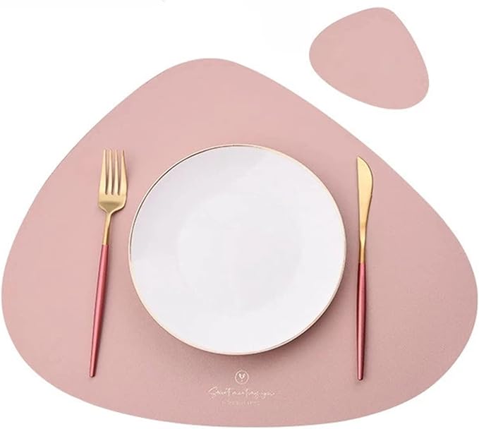 Faux Leather Set of 2 PU Placemats and Coasters Round Leather for Dinner Table Mats Heat Non-Slip Washable(Pink)