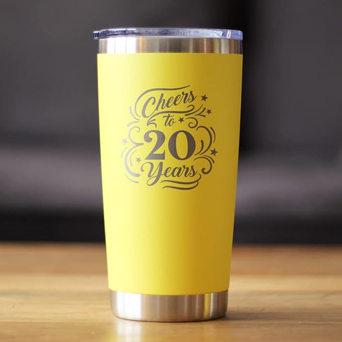 Bevvee Cheers to 20 Years - Insulated Coffee Tumbler Cup with Sliding Lid - Stainless Steel Insulated Mug - Gift for 20th Anniversary - Yellow