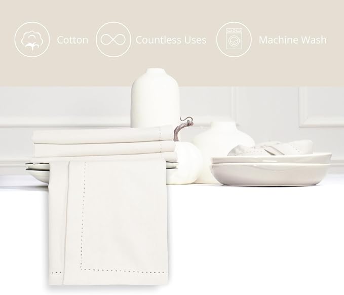 PurpleEssences Set of 12 Hemstitch Cloth Dinner Napkins 100% Cotton - Soft Durable Washable - Ideal for Wedding Christmas Holiday Winter - Perfect Everyday Use Table Linen 18x18 - Cream