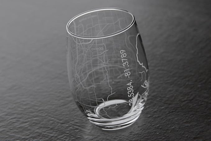 Well Told Engraved Orlando Florida Map Stemless Wine Glass, Etched Glass (15 oz, Clear) City Custom Gifts for Lovers