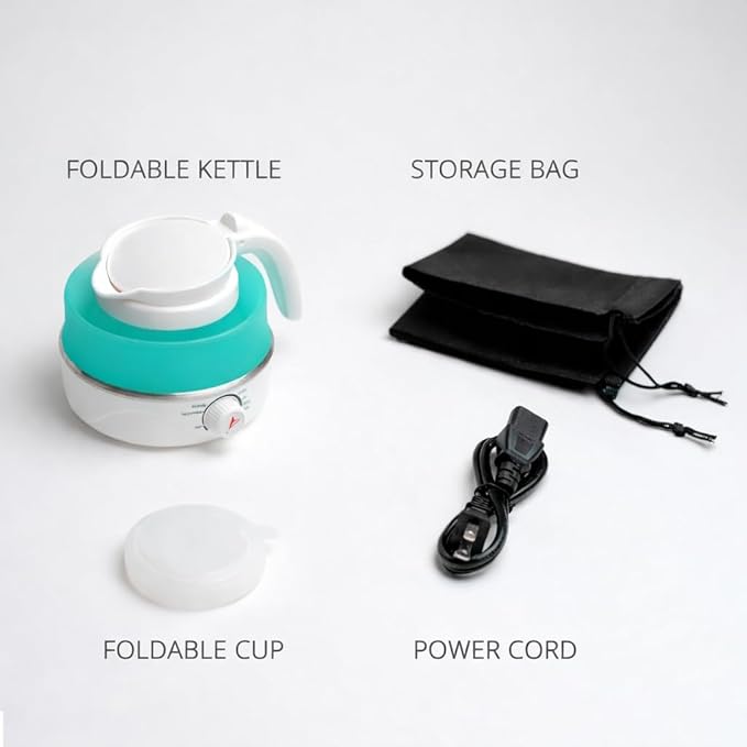 Nikao Home Foldable Electric Kettle With Milk Frother and Foldable Cup – Travel kettle, Portable Tea Kettle for Travel, Mini Collapsible Water Warmer, Compact Design and Quick Heating. (Aqua Blue)