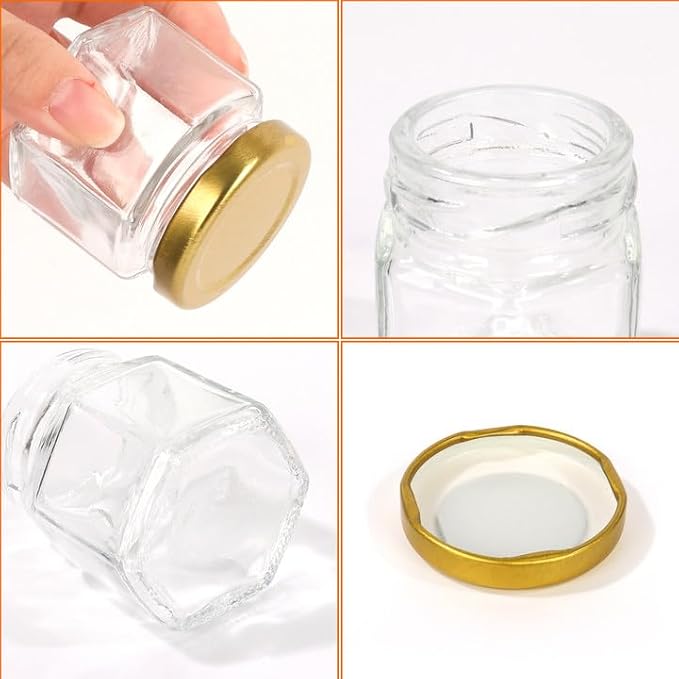 BIGIVACA 2 oz Hexagon Mini Glass Honey Jars with Wood Dippers,30 Pack Small Honey Jars with Gold Lids,Bee Pendants,Jutes,35 Bee Stickers,Perfect for Baby Shower,Wedding Favors,Party Favors