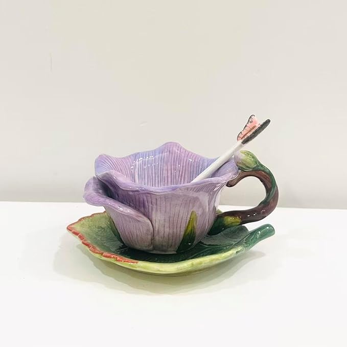 Ceramic Tea Cup and Saucer Set ，6OZ 3D Hand-Painted Flower and Lotus Leaf Coffee Mug，Gift for Women- Pinkish Purple Rose