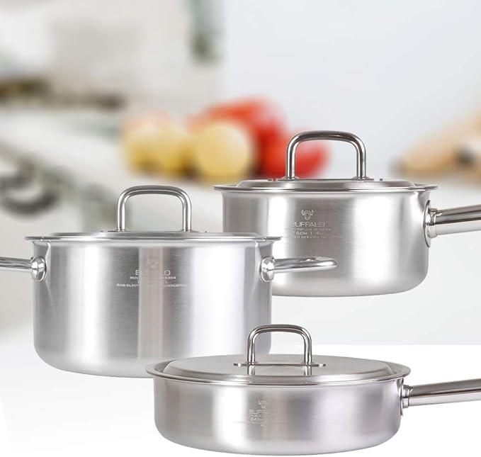 BUFFALO Clad Stainless Steel Sauce Pan 7", Stock Pot 8" & Stir Fry Pan 10" with Lid -Tri-Ply Premium Kitchen Cookware Set Stay-Cool Long Handle Deep Sauté Cooking Pot for Induction/Electric/Gas Stoves