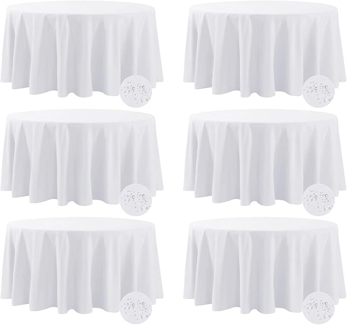 Fokitut 6 Pack Waterproof Round Tablecloth, 132 Inch, Stain Resistant and Wrinkle Polyester Table Cloth, Fabric Table Cover for Kitchen Dining, Wedding, Party, Holiday Dinner-White
