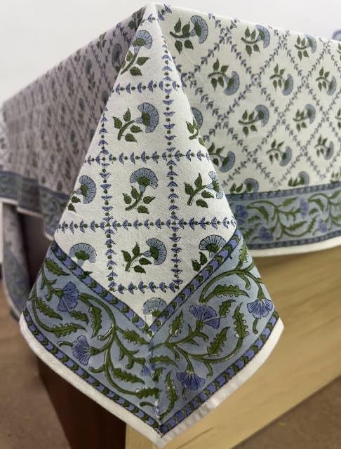 Ridhi Block Print Round Indian Light Blue Reusable Tablecloth 100% Cotton 60" Inch Decorative Table Cover eveyday Dining, Home, Party, Wedding, Farmhouse Gift for Spring, Easter, Valentine
