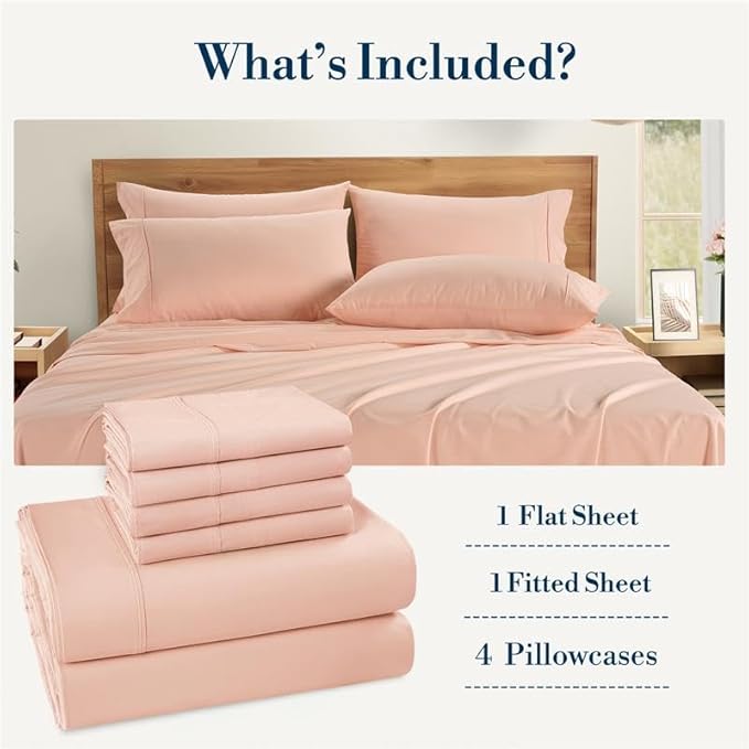 Casa Platino 100% Cotton Queen Size Sheets Set – 6 Piece Crisp Percale Queen Size Cooling Sheets, Lightweight for Summer, with 15" Deep Pocket Fitted Sheet Nightly Comfort & Airy Sleep – Veiled Rose