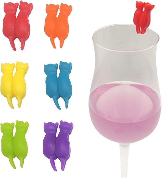 Wine Glass Charms 12pcs Silicone Kitten Shape Wine Charms for Stem Glasses Reusable Wine Glass Markers Drink Identifiers Tags for Galas, Anniversaries(B12PCS)