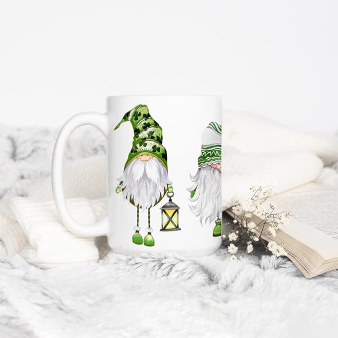 Loftipop St Patricks Day Irish Gnomes Coffee Mug, Lucky Green Shamrock Tea Cup, Gift for Her Mom Friend (15oz)