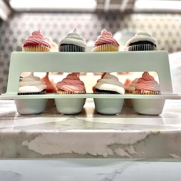 Cupcake Carrier, EXTRA TALL LID, Green Cupcake Holder Carries 24 Standard-Size Cupcakes, Muffin Traveler Two Tier Stand Reusable Cupcake Box
